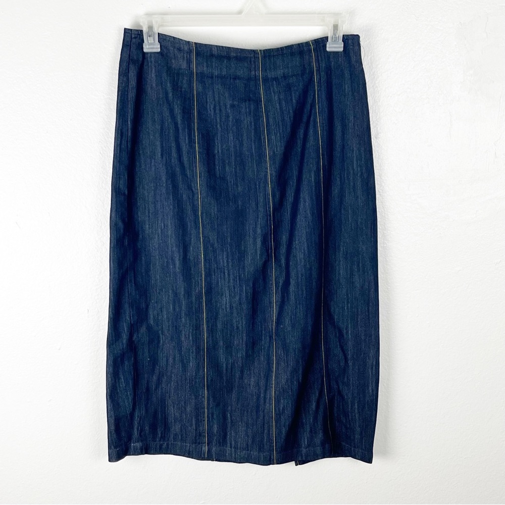 METROSTYLE Blue Denim Side Zip Back Split Skirt 12 Boho Western Concert Modest
